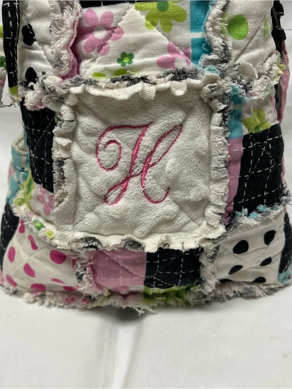 Patchwork Quilted Pink & Black Letter H Backpack